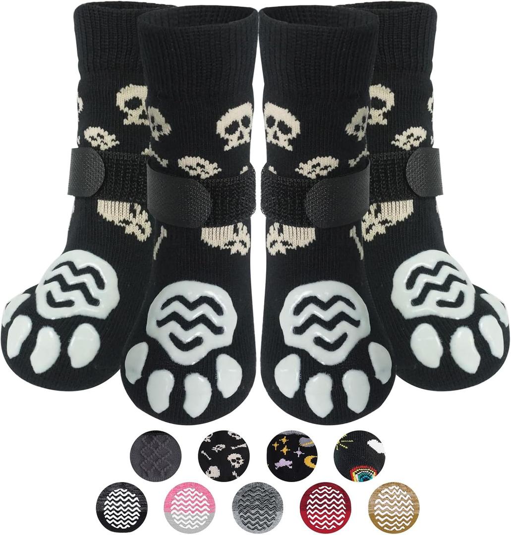PUPTECK Anti Slip Dog Socks 2 Pairs with Double Grippers for Hardwood Floors, Shoes for Hot/Cold Pavement, Boots & Paws Protectors to Prevent Licking, Traction Booties for Senior Large Dogs (Black(Skull))