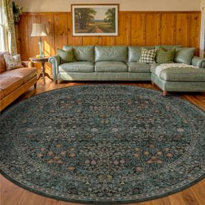 Vintage10ft Round Rug for Living Room, Washable Large Soft Area Rugs for Bedroom, Dining Room Under Table Non Slip, Dark Green Boho Circle Floral Big Carpet Indoor Dcor, Low Pile Stain Resistant