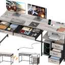 YOSHOOT 60" Computer Desk with 5 Fabric Drawers - Gaming Desk with Storage and Power Outlets, Home Office Desk for Adults and Teenagers Working Writing Study, Grey