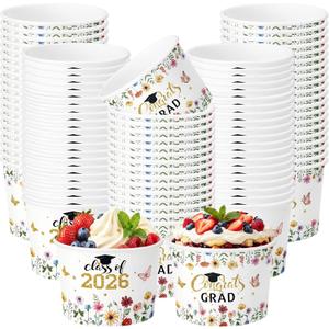Nuanchu 100 Pack 9 oz Wildflower Graduation Ice Cream Cups 2026 Congrats Grad Disposable Paper Cups for Dessert Treat Bowls for Snacks Soup Hot Cold Food Congrats Grad Class of 2026 Decorations