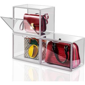 Purse Organizer for Closet, Purse Storage Organizer for Handbag Organizer, Clear Acrylic Display Case with Magnetic Door, Plastic Storage Bins for Book, Collectibles, Cosmetic (3 Pack)