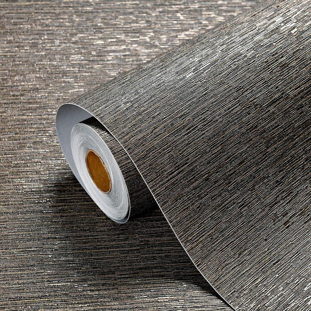 Haimin Grasscloth Wallpaper Peel and Stick 20.9in X 393in Fabric Contact Paper Wall Paper Textured Wallpaper Horizontal Stripes Look Self-Adhesive Thick Vinyl Embossed (Dark Brown)