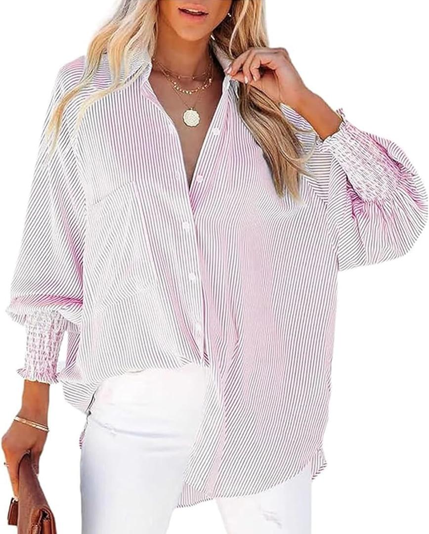 Women's Smocked Cuffed Striped Boyfriend Shirts Button Down Casual Collar Long Sleeve Blouse Shirt Tops (L)