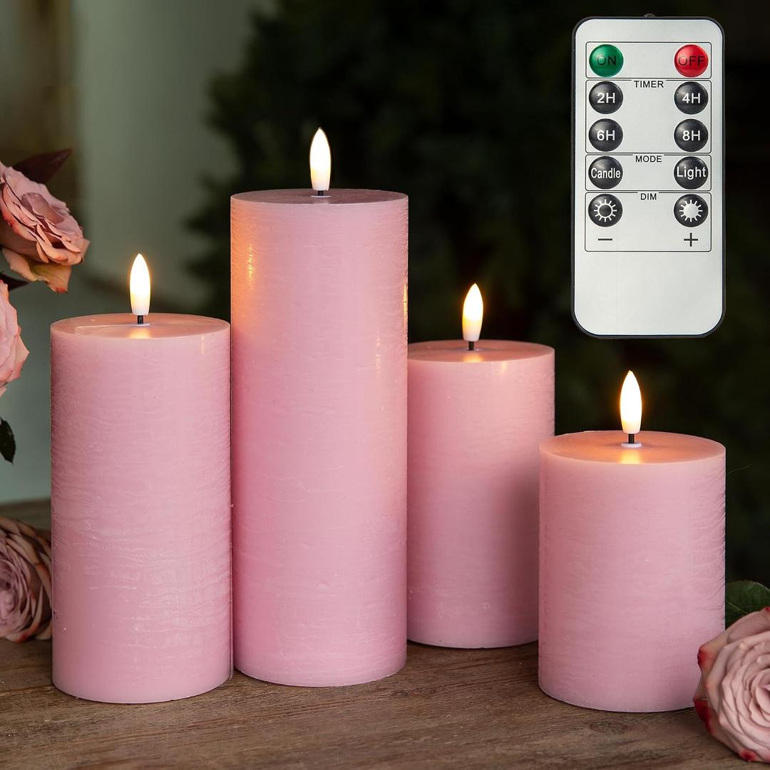 LUSHARBOR Flameless Candles, 4 Pack Battery Operated Candles with Remote, Real Wax LED Fake Candles with Timer Flickering for Christmas Wedding Home Party D3 H 5" 6" 7" 9" Pink