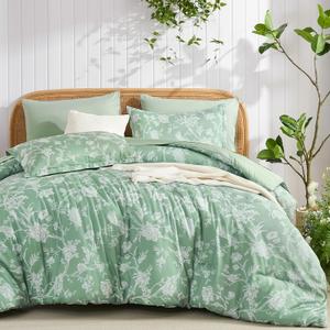 Luxudecor Green Floral Comforter Set, Queen Size 7 Pieces Bed in a Bag