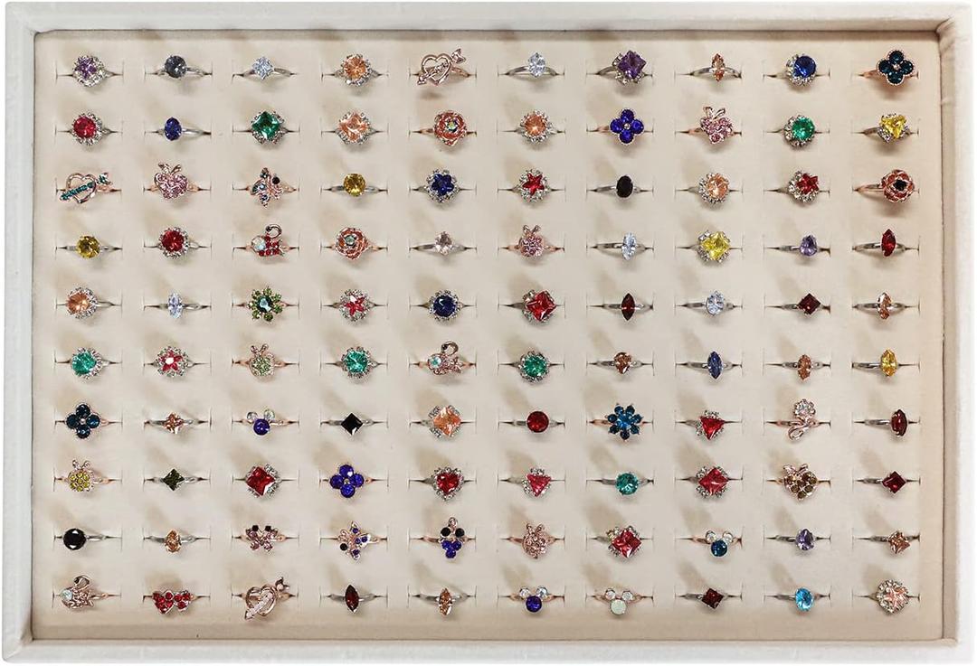 Stratelife Velvet Ring Storage Jewelry Tray Stackable Jewelry Display Drawer Organizer 100 Slots Jewelry Holder Case Jewelry Tray for Display (Beige)