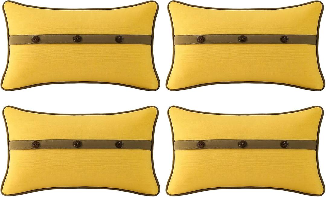 Outdoor Sunbrella Decorative Pillows with Triple Coconut Buttons Pack of 4, 20" x 12" Outdoor Pillow Set for Couch Bed Throw Patio Sofa, Spectrum Daffodil/Canvas Cocoa