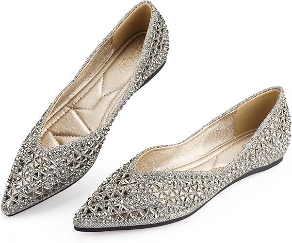 LIYUHANJIALU Flats Shoes Women Rhinestone Pointed Head Ballet Flats Comfortable Soft Memory Foam Insole Flat Shoes for Women Comfortable Dress Shoes Size 10.5  Silver 