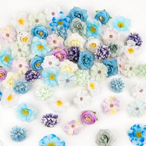 Fake Flower Heads Mini Silk Flowers Bulk Small Flower 3D Loose Faux Daisy Rose Sunflowers Plum Blossoms Craft for Wedding Party Cake Baby Shower Home Decor, 110Pcs(Blue)