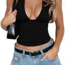 SOLY HUX Women's Y2K Halter Crop Tops V Neck Sleeveless Backless Going Out Slim Fit Tops M