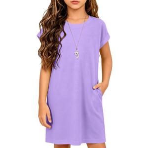 ZDC Girls Cap Sleeve Dresses Kids Spring Summer Casual Basic Crewneck Dress with Pockets 5-14 Years (Purple)