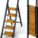 5 Step Ladder, Portable Step Ladder with Anti-Slip Wide Pedal, Aluminum Foldable Step Stool with Handrail,330lbs Capacity Stepladder for Home, Office, Library (Black Woodgrain)
