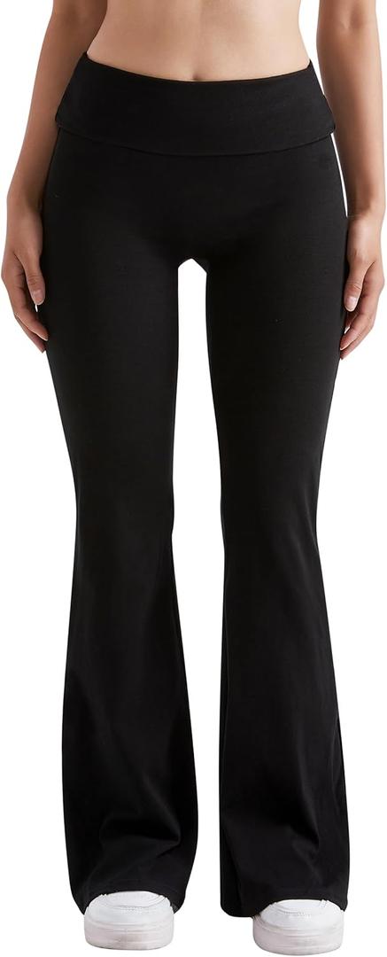 MOOSLOVER Women Flare Leggings Fold Over Bootcut Yoga Pants Casual Y2K Lounge Pants Comfy Cotton Leggings (Large, Black)