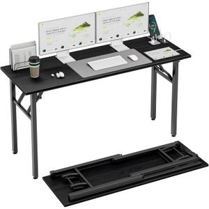 TEMI Long Computer Desk Folding Table - No Assembly, Compact 55.1" Foldable Desk with Power Outlets & USB Charging Port, Portable Lagre Office Desk, Study Table for Narrow Spaces, Dark Oak