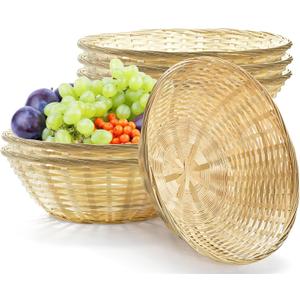 6 Pack Bamboo Bread Basket, 12 Inch Large Round Gift Baskets, Natural Bamboo Woven Wicker Berry Fruit Basket Food Storage Bin for Picnic Kitchen Restaurant