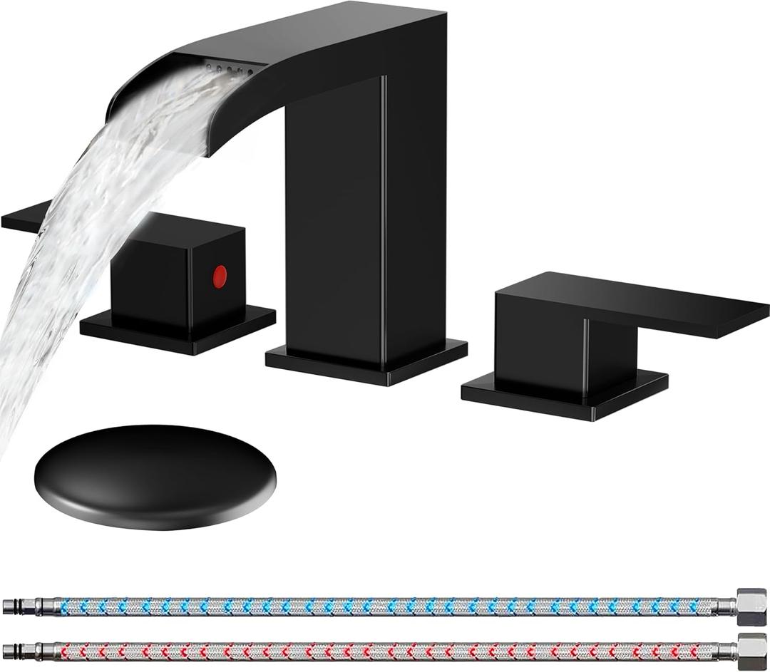 Matte Black 8 Inch Widespread Bathroom Faucets, Square Waterfall Bathroom Sink Faucet with Pop-Up Drain & Supply Lines, Budget-Friendly Vanity Upgrade for Bath Remodel