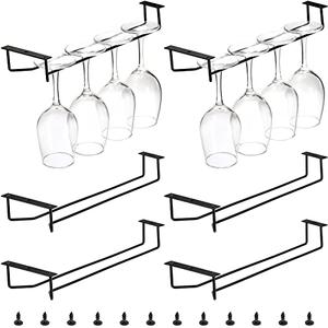 Dicunoy 6 Pack Black Wine Glass Rack, 14 Inch Under Cabinet Stemware Holder, Wall Mounted Iron Wine Glass Hanging Rack for Shelf, Kitchen, Bar, Wine Cellar Storage, Organizer, Display