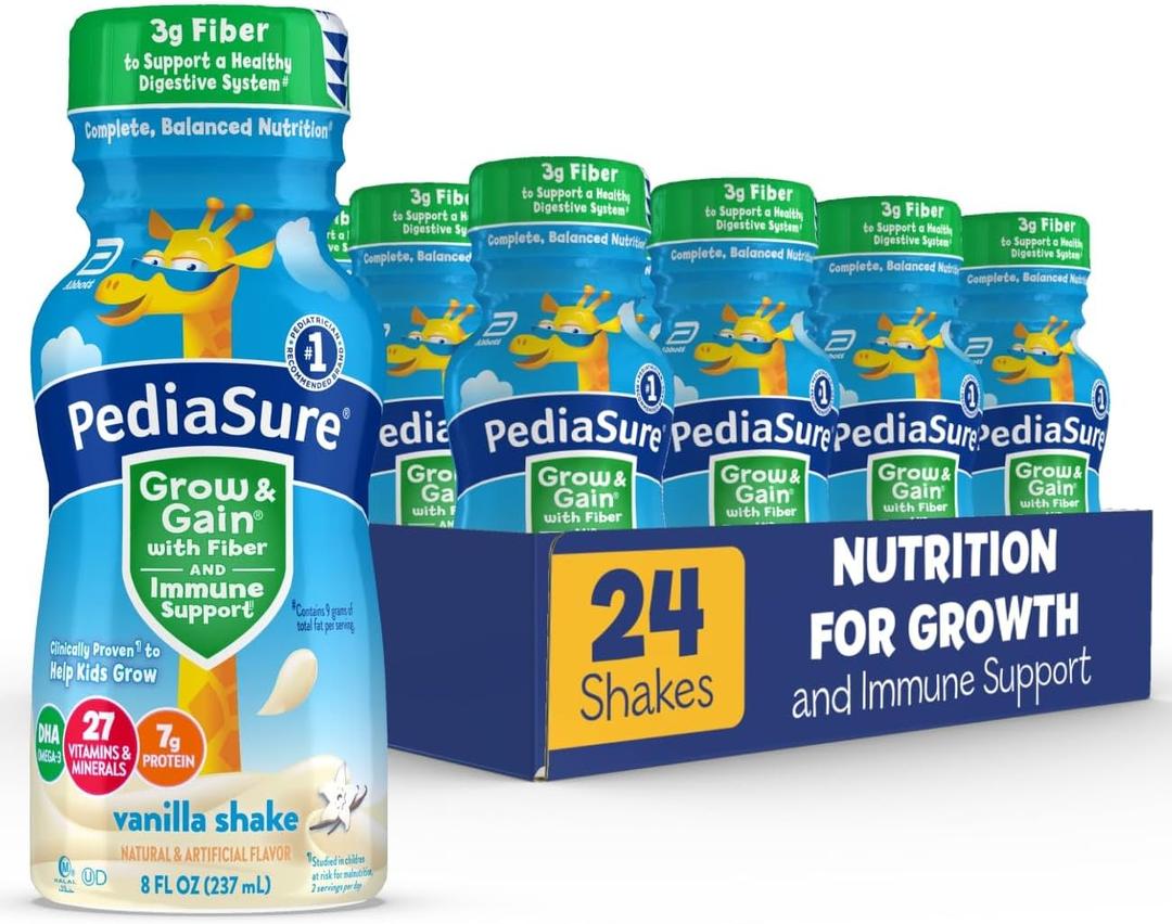 PediaSure Grow & Gain with Fiber Nutritional Shake for Kids, 7g Protein, 3g Fiber to Support a Healthy Digestive System, DHA Omega-3, Non-GMO, Vanilla, 8-fl-oz Bottle, Pack of 24, Best By: June 1, 2026
