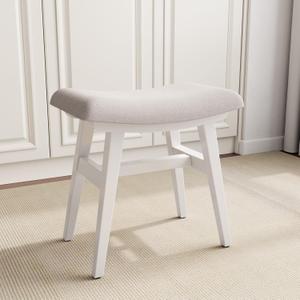 Solid Wood Small Vanity Stool, Compact Makeup Chair with Saddle Cushion, Linen-Covered High Rebound Sponge Seat, Easy Assembly Footstool for Bedroom, Entryway, Home, White
