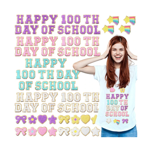 Yungyan 104 Pcs 100 Day of School DIY Shirt Letter Patches Chenille Selfadhesive for Teacher Backpack Cloth Preppy Embroidery Sticker Cute Star Heart Rainbow Patch Craft Hat Iron on Activity Supplies