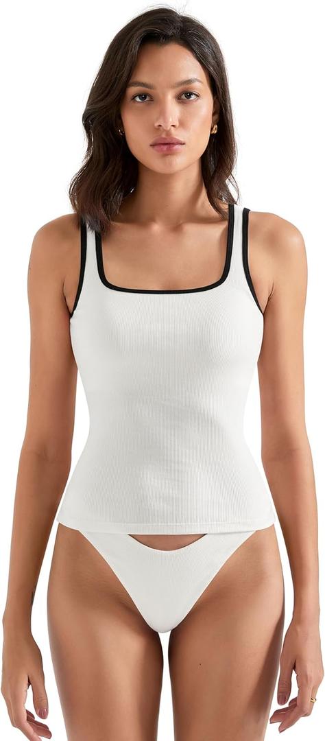 SUUKSESS Women Padded Cotton Ribbed Long Tank Tops Casual Summer Going Out Sleeveless Scoop Neck Basic Cami Tops (Small, 04 White-black)