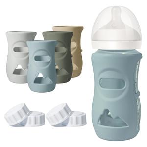 4 Pack Silicone Sleeves for Philips Avent Natural Glass Bottle, Food Grade Silicone Cover and 4pcs Travel Caps, Lids Replacement (Dark Blue+Dark Green+Grey+Beige, 8oz)