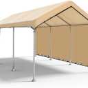 SIHAIAN 10 x 20 Ft Carport Replacement Canopy Cover with Sidewall(No Frame) Easy to Set up Carport Canopy, 500D Heavy-Duty Garage Top Tent Tarp Waterproof and UV Protected (Only Canopy Cover) Beige