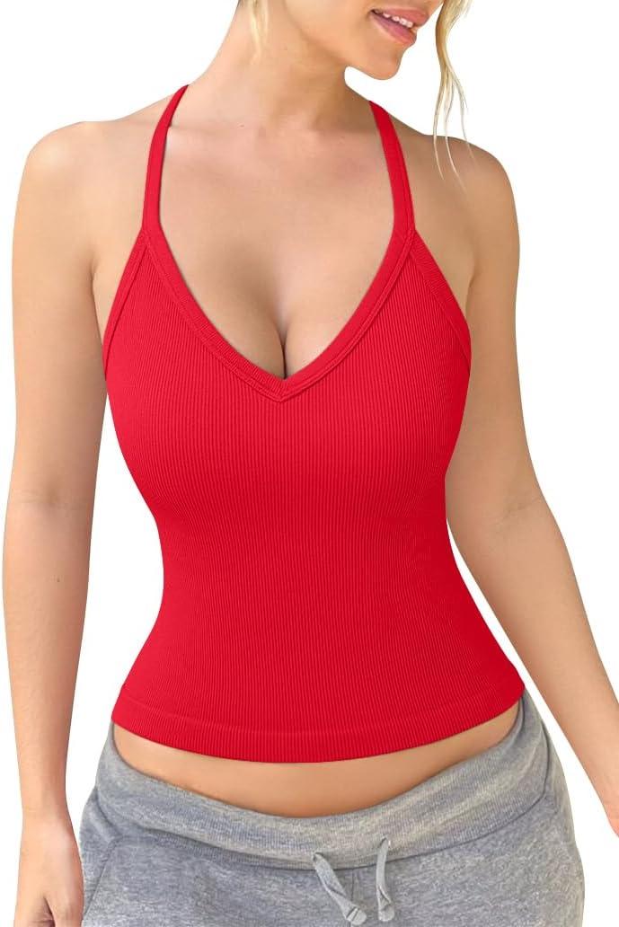 OQQ Women Sleeveless Tops Fitting V Neck Stretch Clothes Basic Cami Shirts 2025 Trendy (Green, M)