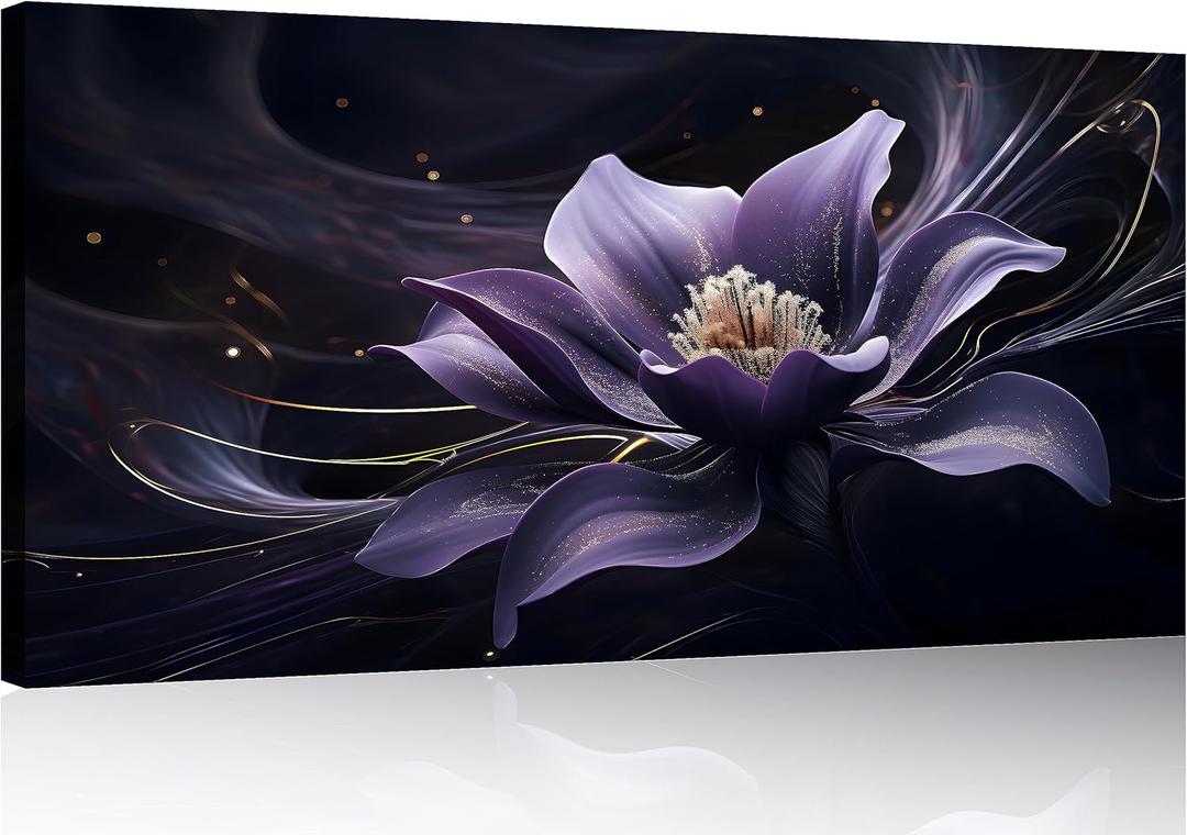 TutuBeer 1 Panel Wall Art Purple Canvas Wall Art Purple Flower with Black Swirls Print on Canvas Flower Picture for Bedroom Home Decor Living Room Stretched and Framed 8x16 inch