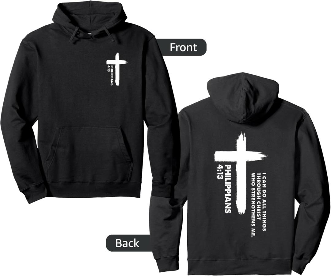 I Can Do All Things Through Christ Front & Back Cross Print Pullover Hoodie (Black, S)