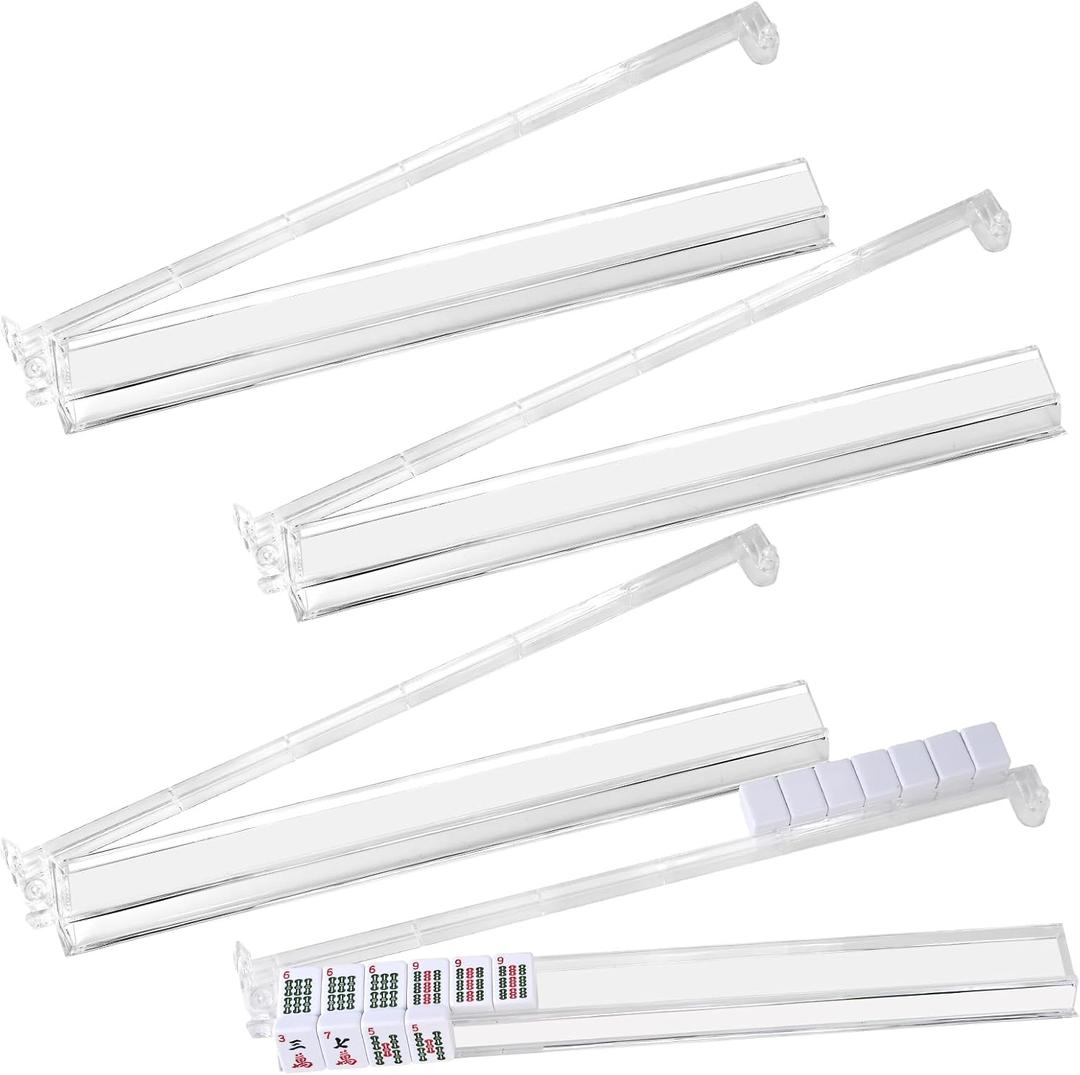 Goldge Mahjong Racks with Pushers Set of 4, Clear Acrylic All-in-One Mahjong Pushers and Racks, Transparent American Mahjong Tile Racks, Durable Lightweight Mahjong Accessories