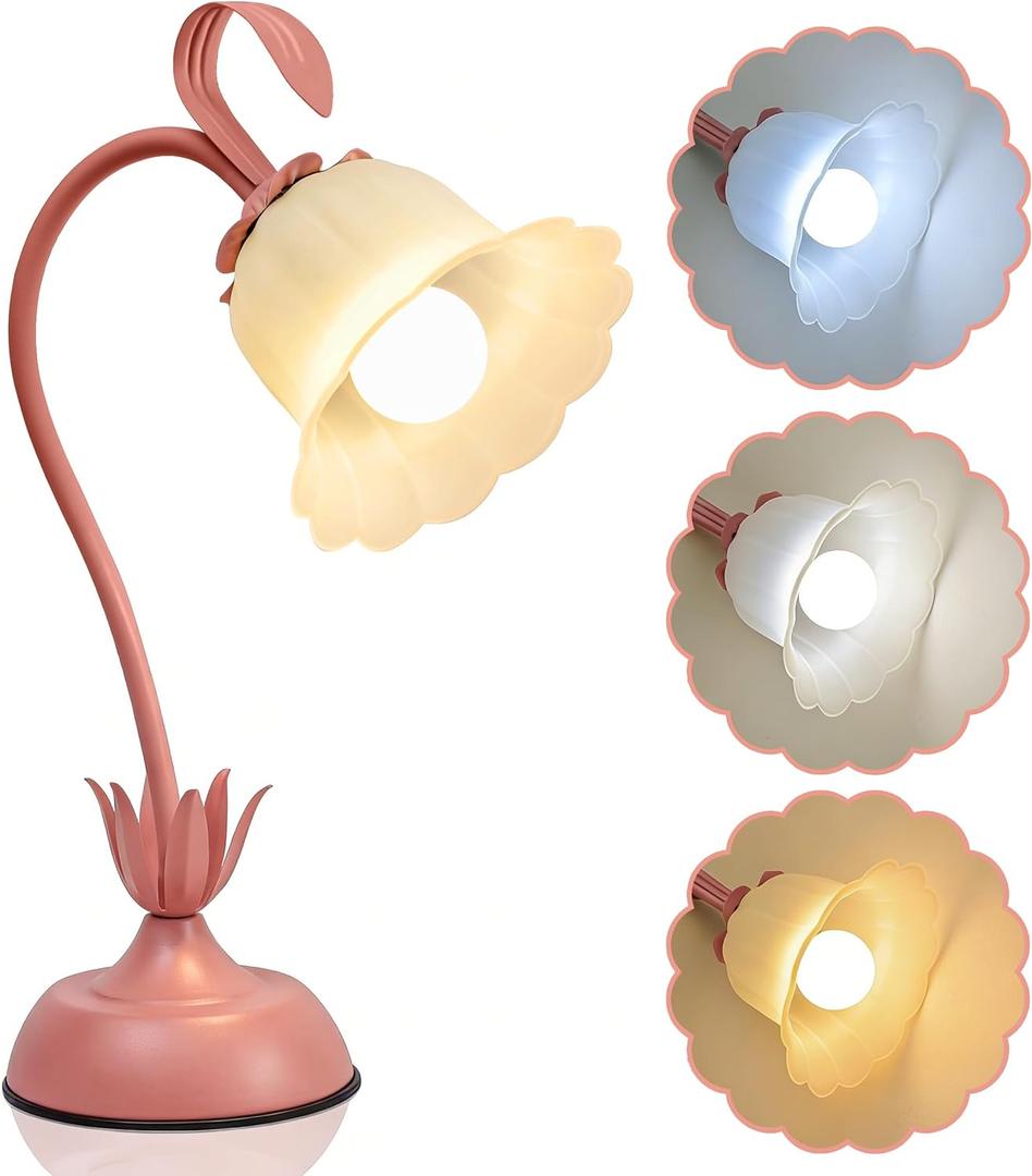 Vintage Flower Table Lamp, 3 Color Temperature Flexible Gooseneck Cute Small Desk Lamp for Bedroom, Kawaii Nightstand Bedside Lamps for Living Room, Dorm, Office, Home Decor (Pink) (Pink)
