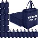 Windyun 100 Pcs Reusable Tote Bag Bulk 8 x 4 x 10 Inch Non Woven Shopping Bag with Handle Reusable Grocery Gift Tote (Navy Blue)