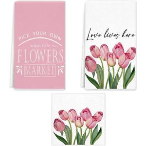Tulip Spring Kitchen Towels Dish Towels, Pink Flowers Hand Towels 16x24 Inch Farmhouse Decoration Hand Towels Set of 3