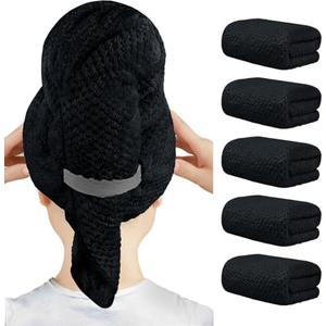 HOMEXCEL 5 Pack Large Microfiber Hair Towel Wrap for Women, Black- 40 x 20 inches Super Soft, Fast Drying Turbans for Long, Thick, Curly Hair - Anti Frizz Wrap with Elastic Strap