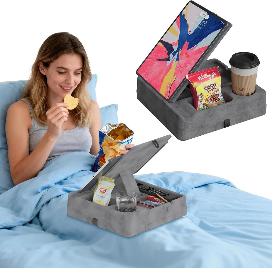 Tablet Pillow Stand for Lap, Bed and Desk, Foldable Soft iPad Holder with Snack Bowl for Kindle,Phone,Tablet,E-Reader,Free Reading and Relaxation on Bed,Couch,Recliner,Gray
