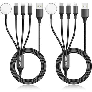 2Pack Multi Charging Cable for Apple Watch Charger 4 in 1 Travel Essentials RV Camping Essentials USB C/L/Micro Compatible with iWatch Series 11-1/iPhone 17/16/15/Android Airplane Gadgets-4FT/Black