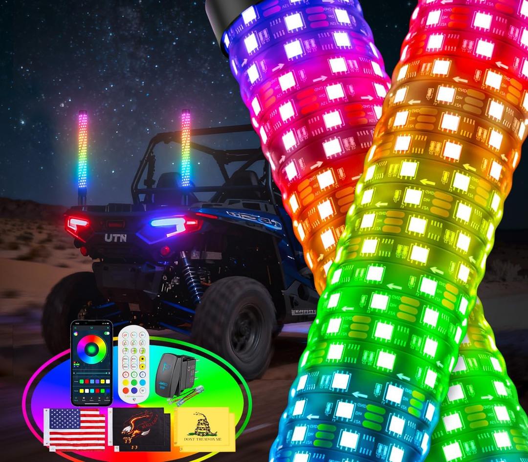 Ehaho 2PCS 2FT Fat Whip Lights for UTV ATV, Led Fatty Whip Light W/Rocker Switch & 6 Flags, Brighter Spiral Chasing Lighted Antenna Whip with APP & Remote Control for RZR SXS Can-Am X3 Off-Road