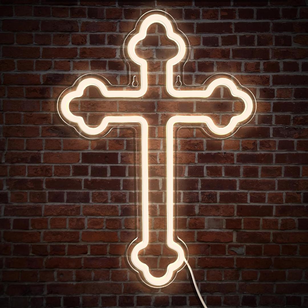 Jesus Cross Neon Signs,Cross Neon Sign Wall Lights Art Lamp Hanging for Home Room Bedroom Christian Wedding Party Wall Decor Christmas New Year Birthday Party Signs, 15.7x11inch