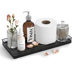 Oak Bathroom Toilet Tank Tray, 13" Wood Toilet Paper Storage Basket Back of Toilet Basket Organizer, Vanity Tray for Perfume Makeup Candle Kitchen Counter Coffee Table Black Tray Decor (13" x 6.5" x 1.5")