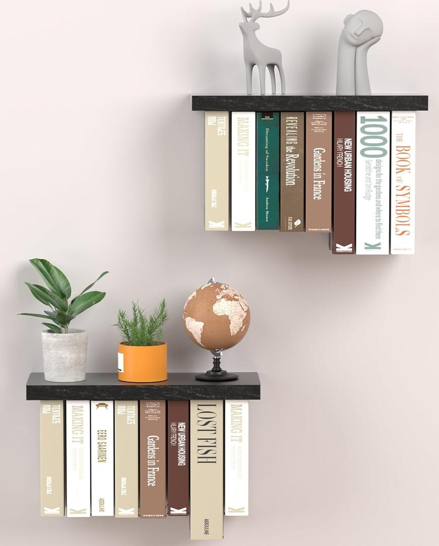 Floating Book Shelves for Wall Mounted Set of 2, Wood Hanging Bookshelf, Book Display Shelf for Wall, Unique Space Saving Bookshelf Wall Book Holder(Black)