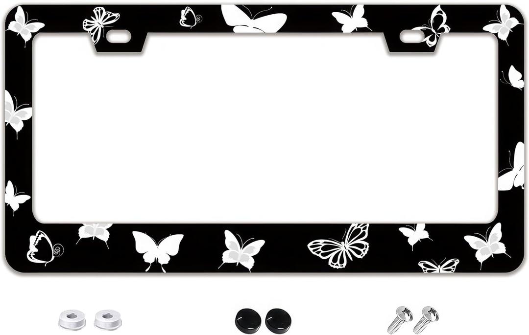 Black and White Butterflies Print License Plate Frame - 2 Holes Stainless Steel Metal Auto Car Accessories Decoration License Plate Frame Size 6.3" x 12.2" Fit US Vehicles for Women Men Gift