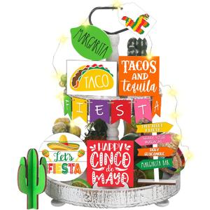 FairySandy 16 Pcs Cinco De Mayo Tiered Tray Decor Mexican Wooden Fiesta Signs Farmhouse Taco Cactus Sombrero Rainbow Donkey Table Decoration Cinco De Mayo Decor for Home Kitchen Summer Party Holiday