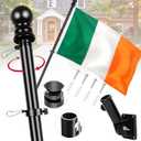 Ireland Flag with Poles for Outside House, 6ft Stainless Steel No Tangle Spinning Flag Pole, 180° Multi Position Mounting Bracket, 3x5 ft Nylon Irish Flag, Wind Resistant Rust Free Kit (Black)