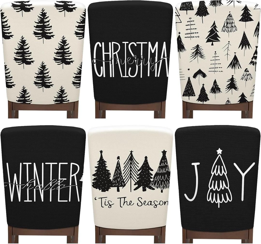 Moukeren 6 Pcs Minimalist Christmas Chair Back Cover Neutral Christmas Decor Black White Pine Trees Modern Rustic Linen Merry Chair Back Covers for Kitchen Holiday Party Decor