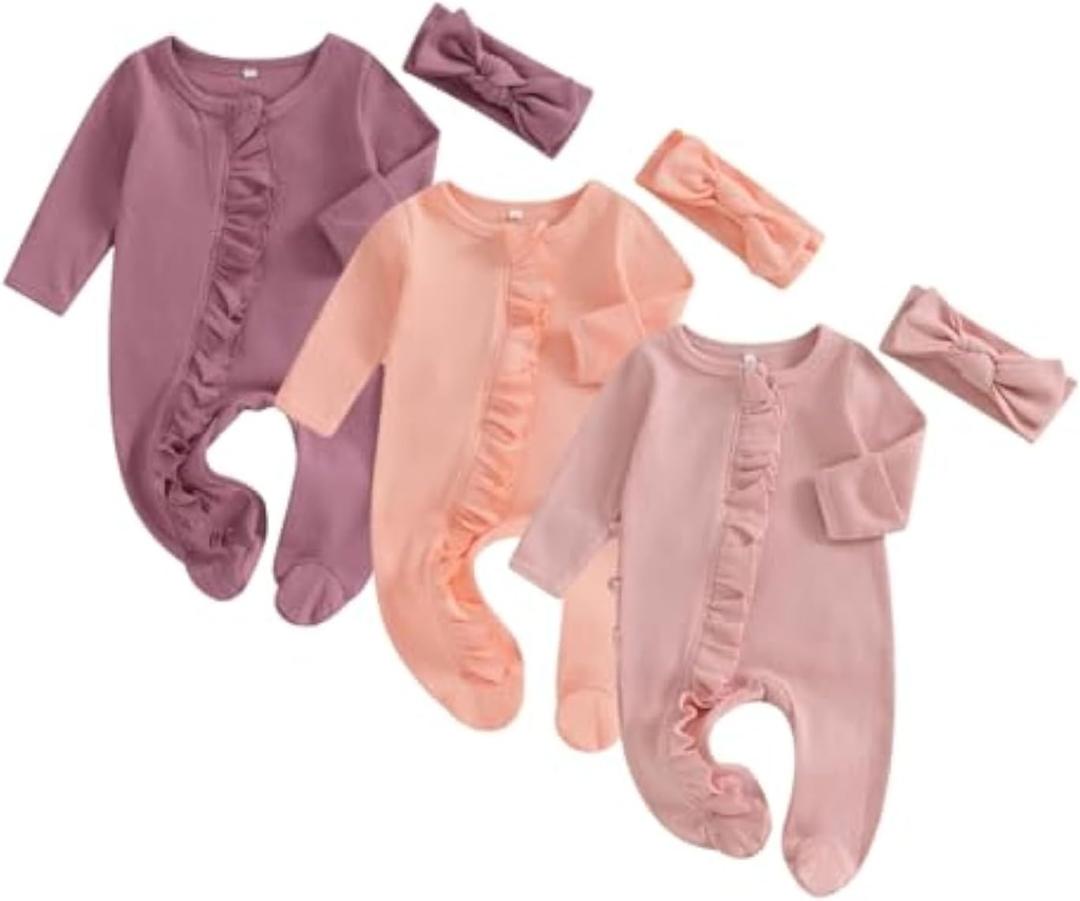 Merqwadd Baby Girl Zipper Pajama Footies 3 Pack Ruffle Sleeper Coming Home Infant Cotton Clothes (Newborn, Waffle Knit-lavender/Pink/Orange)