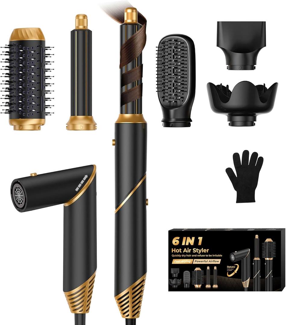 6 in 1 Hair Dryer Brush, Foldable Blow Dryer Brush with Air Styler Curler Wrap, Detachable Hot Air Brush Dry,Volumize, Straight,Curl, Negative Ion Brush Blow Dryer with Diffuser, Hair Styler Tools