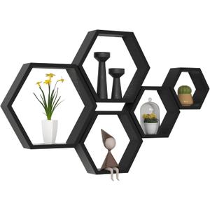 WONFUlity Hexagon Floating Shelves Honeycomb Shelves Wall Mounted Wood Farmhouse Storage Wall Shelf for Bathroom, Kitchen, Bedroom, Living Room,Driftwood Finish Decor, Black (5PC)
