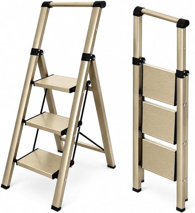 Driaxivel 3 Step Ladder with Handrail, Folding Aluminum Step Stool, Gold 19.1 lb 3-step ladder with handrail, 26.77 in top step, wide anti-slip steps and 2.17 in slim-fold storage, 330 lb, Gold