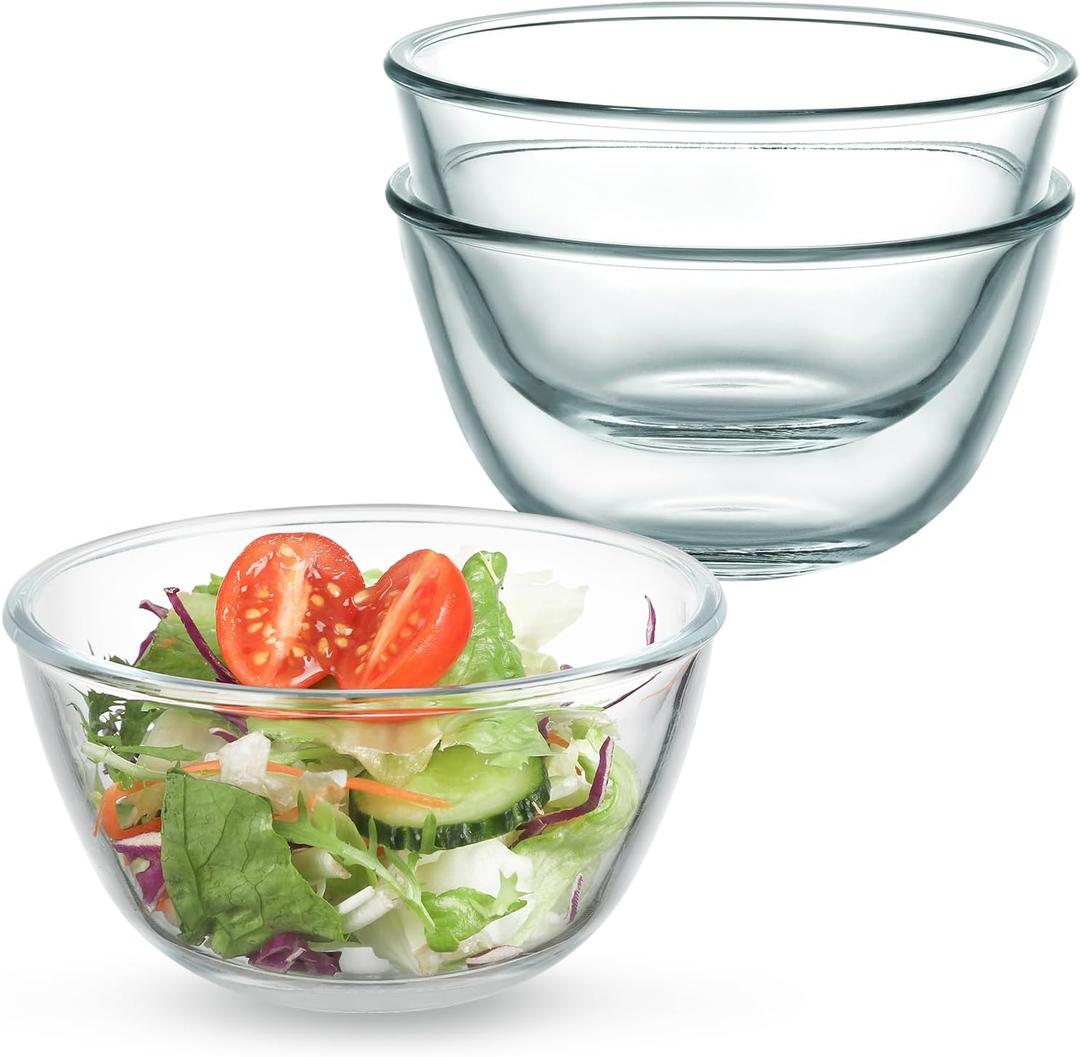 WHJY 3-Pack 5-Inch Glass Cereal Bowls, Clear Glass Serving Bowls for Salad, Pasta, Soup, Cereal - 16 oz Capacity, Modern Style (Small)